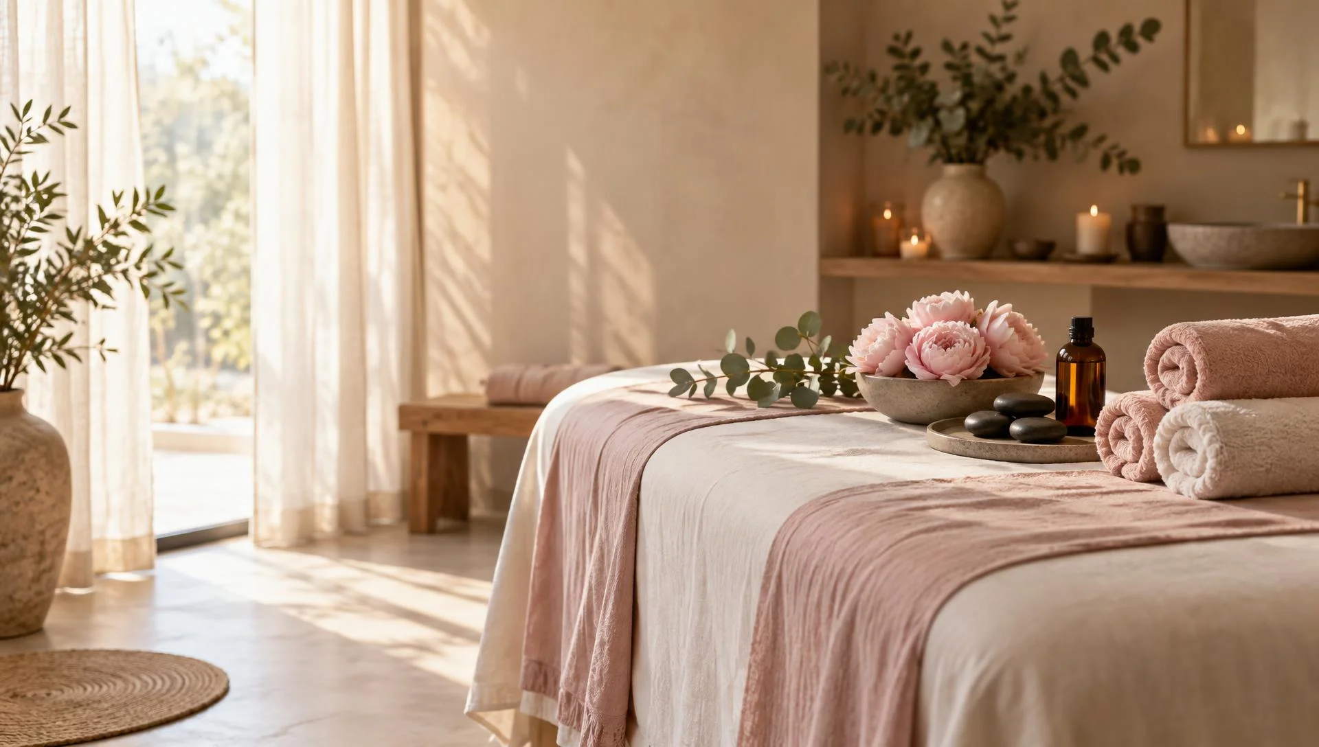 Salle de soin lumineuse avec table de massage, linge rose poudré, pivoines et galets